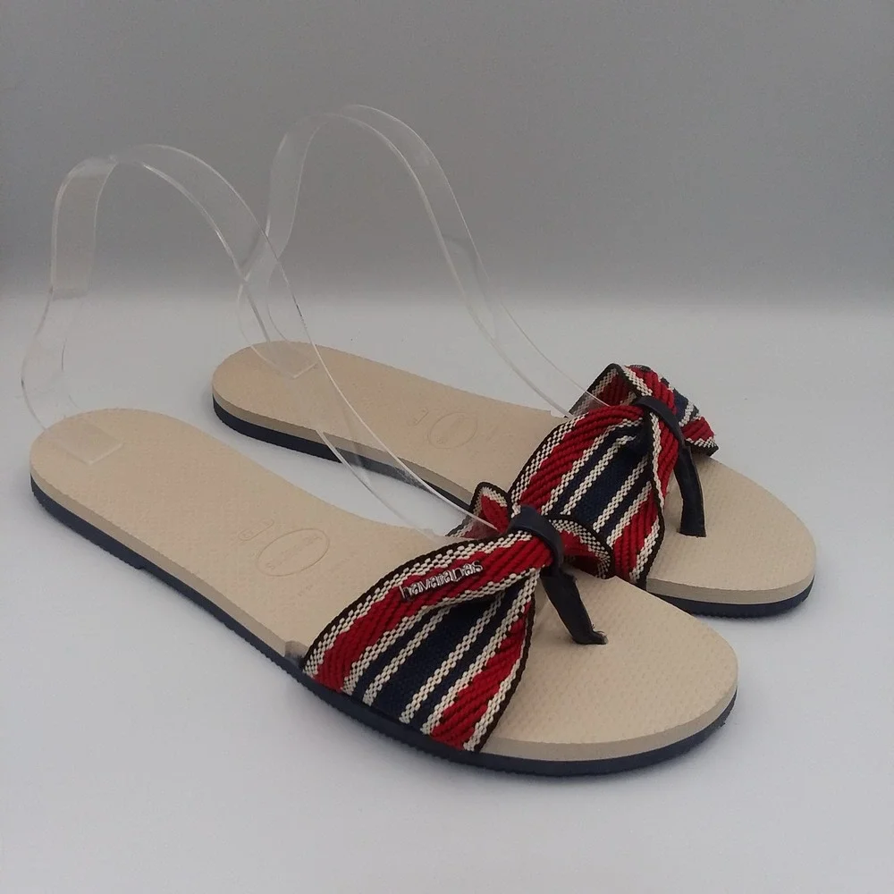 Havaianas Bow Flip Flops Thong‎ Sandals Striped Red Blue Beige Women's US11 EU43